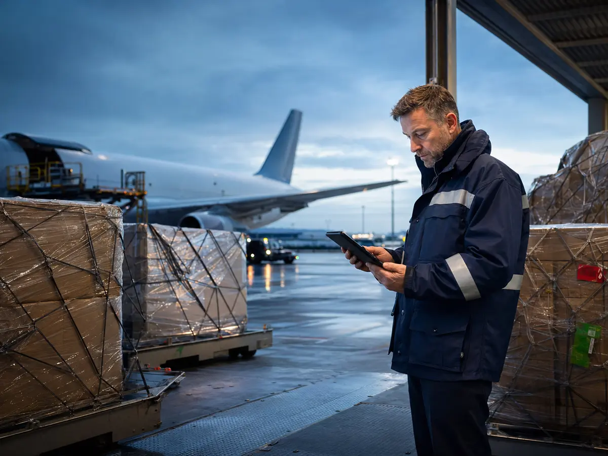 International air-cargo operations professional coordinating shipments beside an aircraft