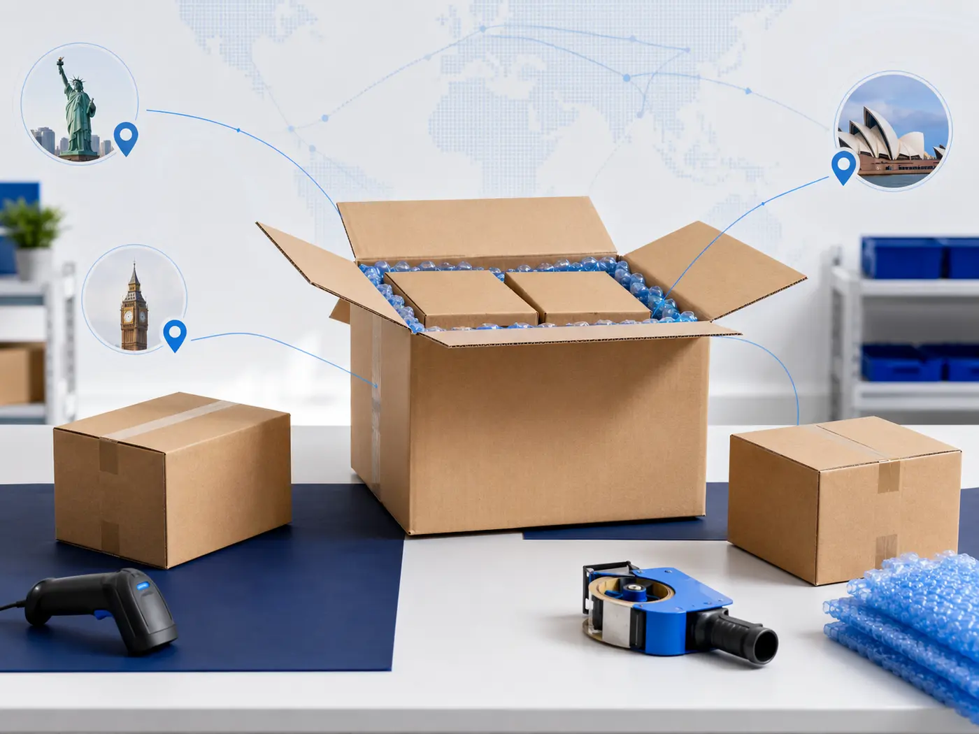 Several international shopping parcels being prepared together for onward delivery